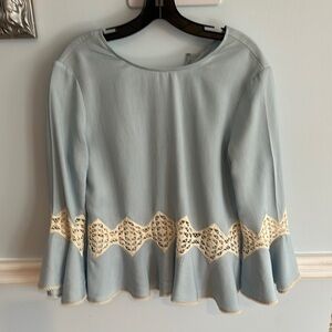 Jonathan Simkhai Blue Bell Sleeve Blouse with Crochet Embellishments